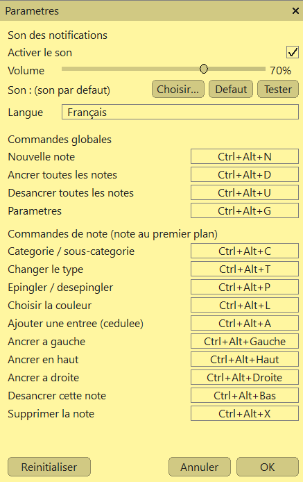 Fenêtre des paramètres